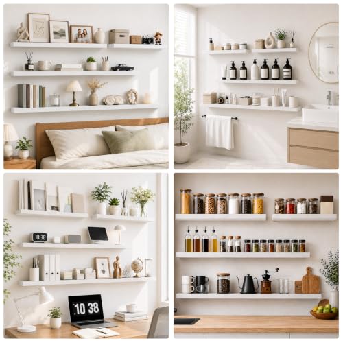 RICHER HOUSE 55 Inch Long Floating Shelves, 12 Inch Deep White Wall Shelf | Wide Wall Shelves for Bedroom Kitchen Bathroom Wall Mounted Shelf, Rustic Wooden Bookshelf with Invisible Bracket, 2 Pack - color: White, size: 55in