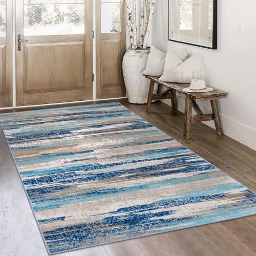 Lansny Abstract Area Rug 4x6 Washable Entryway Rug Non Slip Kitchen Rugs | Blue;Thin Printed Faux Wool Door Mat;Throw Rugs for Bedroom,Office;Indoor Front door Rug;Modern Entry Rug;Living Room Rugs - color: Blue Aqua/Beige Taupe Multi, size: 4' x 6' (Rect