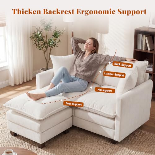 50'' L-Shape Loveseat Sofa with 22" Ottoman, 2 Seat Modern Cloud Couch with 2 Washable Pillows for Small Space Apartment Office Living Room Bedroom, Beige - color: Beige, size: 50"L