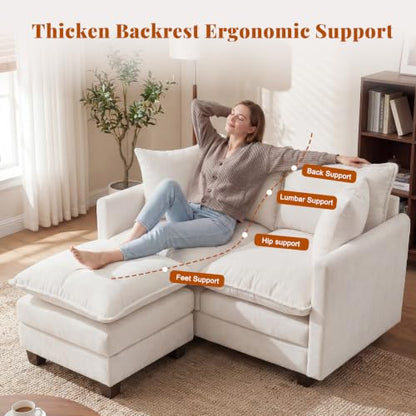 50'' L-Shape Loveseat Sofa with 22" Ottoman, 2 Seat Modern Cloud Couch with 2 Washable Pillows for Small Space Apartment Office Living Room Bedroom, Beige - color: Beige, size: 50"L