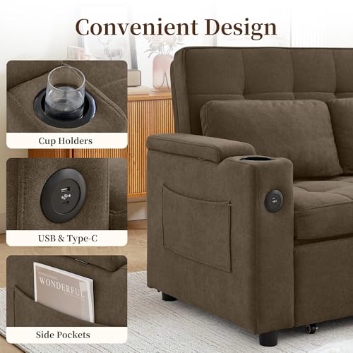 Korser 55.5'' 3-in-1 Convertible Sofa Bed, Pull Out Couch with 5-Position Adjustable Backrest, Loveseat Sleeper Sofa for Small Spaces, Sofa Couch with Cup Holders for Living Room, Office, Chenille - color: Brown