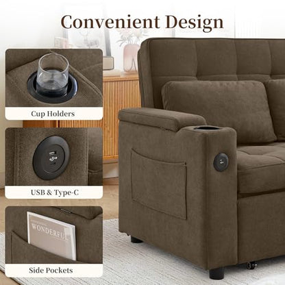 Korser 55.5'' 3-in-1 Convertible Sofa Bed, Pull Out Couch with 5-Position Adjustable Backrest, Loveseat Sleeper Sofa for Small Spaces, Sofa Couch with Cup Holders for Living Room, Office, Chenille - color: Brown