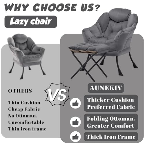 Lazy Chair with Ottoman, Comfy Reading Chair, Darkgrey | Cushioned Seat with Foldable Ottoman and Side Pocket, Lounge Chair for Bedroom, Living Room, Dorm and Small Spaces - color: Darkgrey
