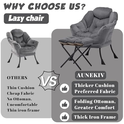 Lazy Chair with Ottoman, Comfy Reading Chair, Darkgrey | Cushioned Seat with Foldable Ottoman and Side Pocket, Lounge Chair for Bedroom, Living Room, Dorm and Small Spaces - color: Darkgrey