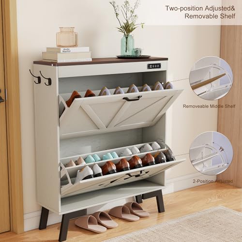 Shoe Storage Cabinet with Deodorizer, Narrow Entryway Storage, Anti-Tip | Deodorizer with 4 Modes , 2 Flip Drawers , Adjustable Shelves , Narrow White Design , Anti-Tip Kit , 9.4"D x 31.4"W - size: 38.9"H x 31.4"W x 9.4"D