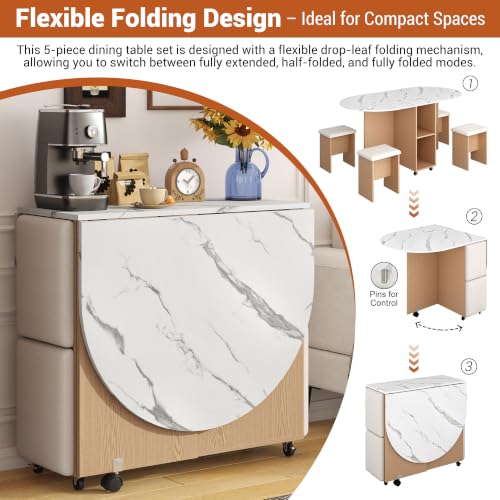 5 PCS Farmhouse Dining Table Set for 4,60" Large Round Folding Dining Table Set w/ 4 Leather Chairs, Drop Leaf Oval Modern Kitchen Table for Small Spaces,6 Wheels,2-Layer Storage Shelf,White Marble - color: White Marble