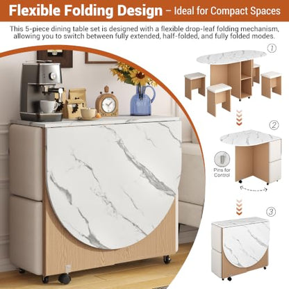 5 PCS Farmhouse Dining Table Set for 4,60" Large Round Folding Dining Table Set w/ 4 Leather Chairs, Drop Leaf Oval Modern Kitchen Table for Small Spaces,6 Wheels,2-Layer Storage Shelf,White Marble - color: White Marble