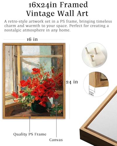UPWOIGH Red Poppy Framed Impressionist Wall Art, 16 x 24 Inch | Red Poppy Bouquet by a Sunlit Window, Impressionist Oil Painting Style, Warm Wood Frame for Living Room and Bedroom - color: Red Poppies, size: 24"L x 16"W