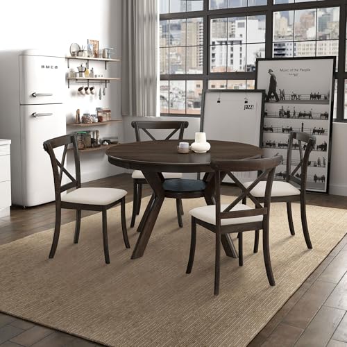 φ47.24 Solid Wood Dining Table for 4 to 6, Round Wooden Kitchen Table with Wooden Trestle Pedestal Base for Dining Room Living Room Furniture- φ47.24 x 29.92 H Brown (Only Table) - color: 47.23 Inches Brown
