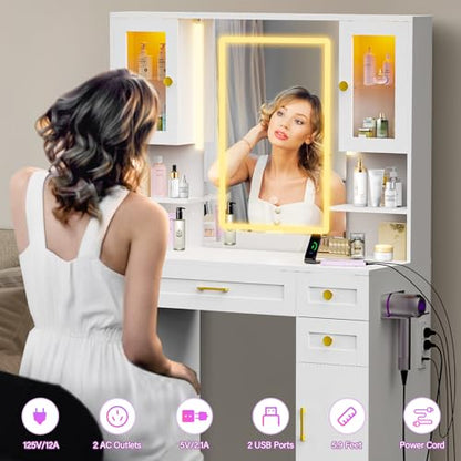 Vanity Desk with Mirror and LED Lights & Power Outlet | Large Makeup Vanity Table with 5 Drawers and 4 Storage Cabinets, White Dressing Table for Bedroom - size: 049 Soft White