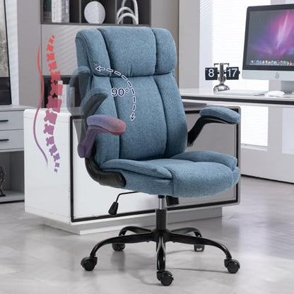 Fabric Office Chair High Back Executive Ergonomic Chair Flip Arms | Premium cloth fabric office chair with high back ergonomic support, flip-up arms, adjustable height, 90°-120° tilt function - color: Blue