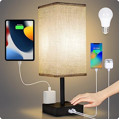 Bedside Table Lamp for Bedroom - Touch Small Lamp with USB C+A Charging Ports & AC Outlets, 3 Way Dimmable Nightstand Light for Living Room (LED Bulb Included, Grey) - color: Gray