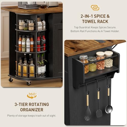Kitchen Island with Power Outlet & Drop Leaf, Kitchen Rolling Island with Rotating Organizer, Kitchen Island Cart with Storage Cabinet, Mobile Island Table for Kitchen, Black and Rustic Brown - color: Black + Rustic Brown