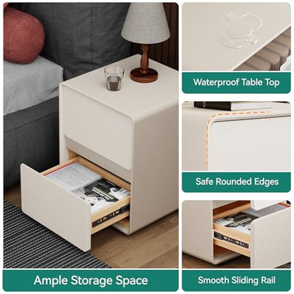 15.8" W Faux Leather Narrow Nightstand, Fully-Assembled Bedside Table with 2 Drawers, Wood Night Stand Small Accent End Table & Side Table for Bedroom, Cream White - color: Cream, size: 16in