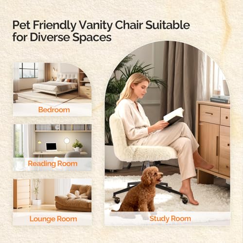 VINGLI Plush Upholstery Vanity Desk Chair with Curved Back & 90-102° Tilt &Adjustable Height, Cute Rolling Chair with Bronze Base & Golden-Bronze 360° Swivel Wheels for Makeup &Home Office,White Cream - color: White Cream