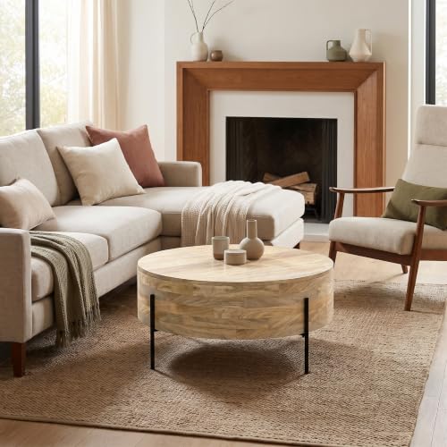 SIMPLIHOME Rayburn 38" Wide Solid Mango Wood Drum Coffee Table in Natural | Modern industrial coffee table with black metal legs and a large surface; round cocktail table or center table. - color: Refined Natural