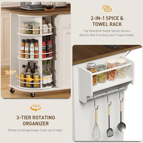 Kitchen Island with Power Outlet & Drop Leaf, Kitchen Rolling Island with Rotating Organizer, Kitchen Island Cart with Storage Cabinet, Mobile Island Table for Kitchen, White and Walnut - color: White + Walnut