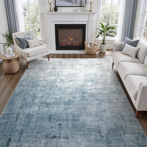 DCX Washable Abstract Area Rug 5x7, Non Slip Low Pile Rug, Blue | Easy to clean, non-shedding, soft, kid & pet friendly, with a non-slip rubber backing for living rooms, bedrooms, and offices - color: Blue, size: 5' x 7' (Rectangular)