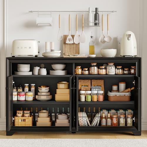 60 Inches Sideboard Buffet Cabinet with Storage and 4 Doors, Black | Large Sideboard Kitchen Cabinet with Open Shelf & Adjustable Shelf, Kitchen Coffee Bar Console Table for Living Room, Hallway - color: Black