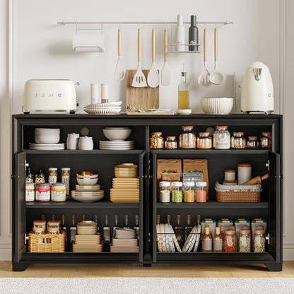 60 Inches Sideboard Buffet Cabinet with Storage and 4 Doors, Black | Large Sideboard Kitchen Cabinet with Open Shelf & Adjustable Shelf, Kitchen Coffee Bar Console Table for Living Room, Hallway - color: Black