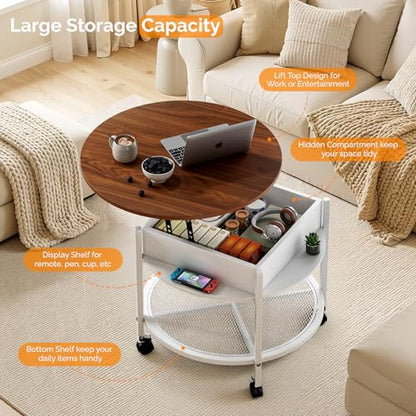 VINGLI 27" Round Lift Top Coffee Table with Wheels & Lights, White & Brown | Removable Coffee Table with Hidden Compartment Storage & Metal Shelf, Small Farmhouse Coffee Tables for Living Room, Office - color: White & Brown