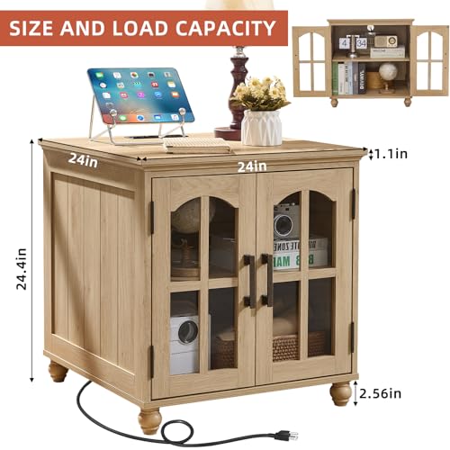 RWYHG Farmhouse 24" End Table with Charger, Glass Barn Door, Natural | USB Ports, Solid Wood Legs, Adjustable Storage Shelf, Square Bedside Table for Living Room,Bedroom - color: Natural Wood, size: Set 1