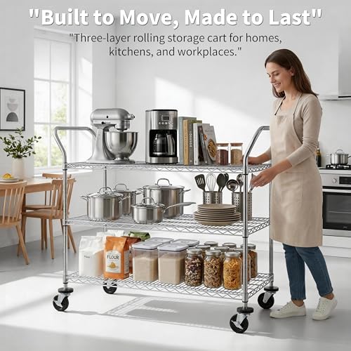 Finnhomy 3-Tier Commercial Grade Rolling Cart, Heavy Duty Utility Carts with Wheels and Handles, Kitchen Trolly on Wheels, Metal Serving Shelves with 700 lbs Capacity, Shelf Size 24" D x 48" W, NSF - size: 23.6"D x 55.1"W x 43.8"H