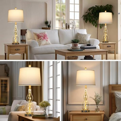 Rinweey 27.5" Clear Glass Table Lamp Set of 2 with Night Light,Bedside Lamps with USB Ports and AC Outlet, Modern Nightstand Lamps Retro Farmhouse lamp for Bedroom Living Room - color: Brown