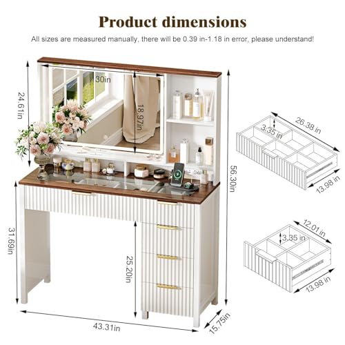 Arulvmrn 43" Large Vanity Desk with 30" HD Lighted Mirror,Modern Vanity Desk with Mirror and Lights, Makeup Vanity with 5 Drawers and Storage Shelves and Charging Station, White2300 - color: White