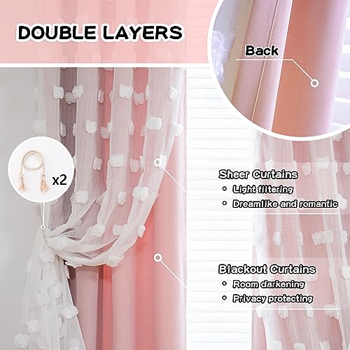 MYSKY HOME Double Layer Curtains for Girls Bedroom Kids Curtain White Pom Pom Sheer Window Curtains 2 Panels Pink Curtains Grommet Room Darkening Solid Nursery Curtains 63 Inches Length, W52 X L63 - color: Blush Pink, size: 52"W x 63"L (Pack of 2)