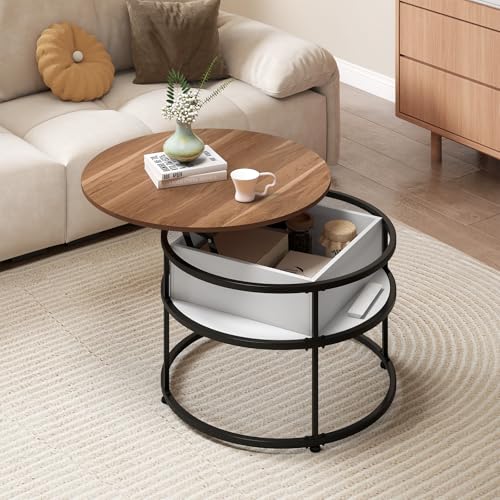 Tangkula Lift Top Coffee Table, 31.5” Round Center Table with Hidden Compartment & Side Shelves, 2-Tier Small Accent Cocktail Table for Small Spaces, Living Room, Apartment (Brown & White) - color: Brown & White