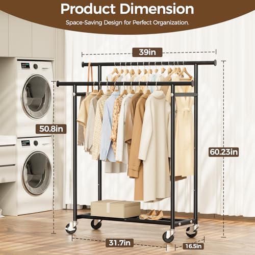 HYSEYY Double Rods Clothes Rack for Hanging Clothes, Rolling Metal Garment Rack with Wheels for Bedroom Laundry Living Room.39 L x 16.5" W x 60.23" H.