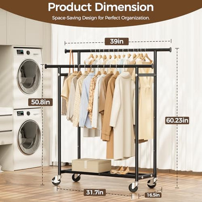 HYSEYY Double Rods Clothes Rack for Hanging Clothes, Rolling Metal Garment Rack with Wheels for Bedroom Laundry Living Room.39 L x 16.5" W x 60.23" H.