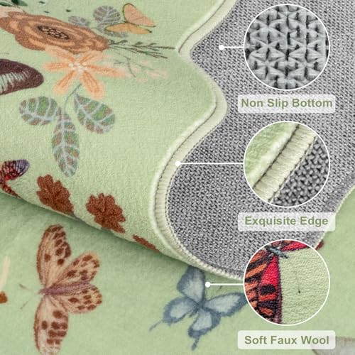 Washable Butterfly Scalloped Runner Rug, 2x6 Green Rug Runners for Hallways Soft Non-Slip Ultra Thin Long Kitchen Mat, Boho Floral Throw Carpet for Bathroom Laundry Entryway - color: Green Butterfly, size: 2' x 6'