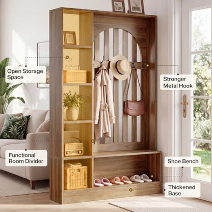 Tribesigns Room Divider with Storage Shelves and Bench | 70.9" Freestanding Wall Divider Partition with Coat Rack for Room Separation, Entryway, Living Room, Bedroom, Rustic Brown