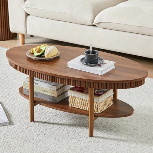 Turtle&Myrtle Oval Coffee Table, Mid-Century Modern Fluted Coffee Tables with 2-Tier Storage Shelf, 39.4" Wood Small Center Table for Living Room, Office, Easy Assembly, Walnut Brown