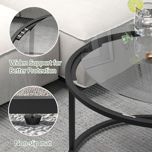 Round Coffee Table,Small Black Coffee Table for Living Room,27" Modern Center Table,Glass Top Clear Coffee Table with Sturdy Metal Frame for for Living Room Home Office, Easy Assembly,Black - color: Black, style: Round