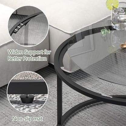 Round Coffee Table,Small Black Coffee Table for Living Room,27" Modern Center Table,Glass Top Clear Coffee Table with Sturdy Metal Frame for for Living Room Home Office, Easy Assembly,Black - color: Black, style: Round