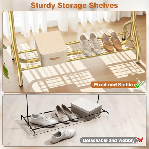 Double Rod Clothing Rack Load 622 LBS, Heavy Duty Clothes Rack for Hanging Clothes, 82.68 inch High Garment Rack with Sotrage Shelves, Metal Clothing Hanger Closet Wardrobe Organizer (Gold) - color: Gold