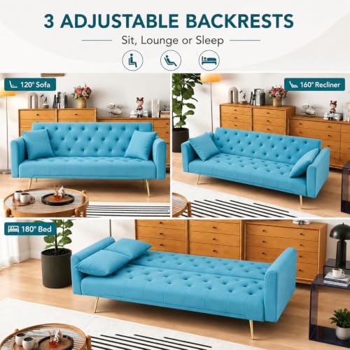 Anwick 72''Modern Velvet Sofa Bed Futon,Convertible Folding Sleeper Couches with 3 Adjustable Backrests,Tufted Recliner Loveseat with Golden Chrome Legs for Living Room Apartment Office (Pale Blue) - color: Pale Blue