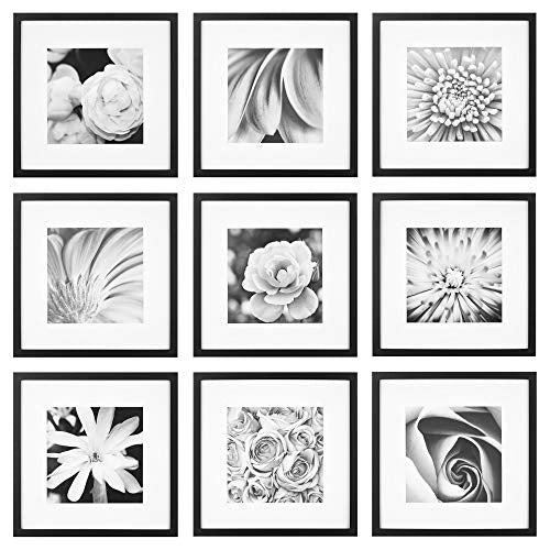 Gallery Perfect 12x12 Picture Frames, 9 Piece Set with Real Glass Cover for 8x8 Photos With Mat, Picture Frames Collage Wall Decor for Gallery Wall, Home Decor, Black - color: Black