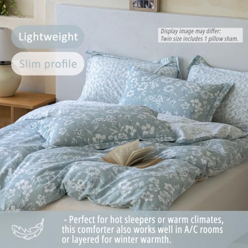 LEMIROE Vintage Cotton Comforter Twin Size 2Pcs - Soft Aqua Blue Floral Front & Airy White Botanical Reverse, Down-Alternative Fill, Neutral Lightweight Bedding Set(68"×90") - color: Morning Mist Florals - Muted Aqua Blue & Soft White, size: Twin/Twin XL(