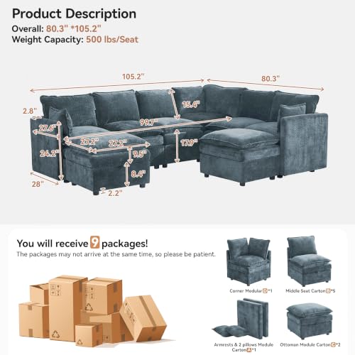 105" Blue Modular Storage Sofa, U Shaped Chenille Couch with 2 Ottomans | Oversized Convertible Sectional Sofa, 6-Seat Sectional Couch With 2 Ottomans, Large Cloud Couch For Living Room, Apartment. - color: Blue, size: 105"U-Shape Sofa+2ot