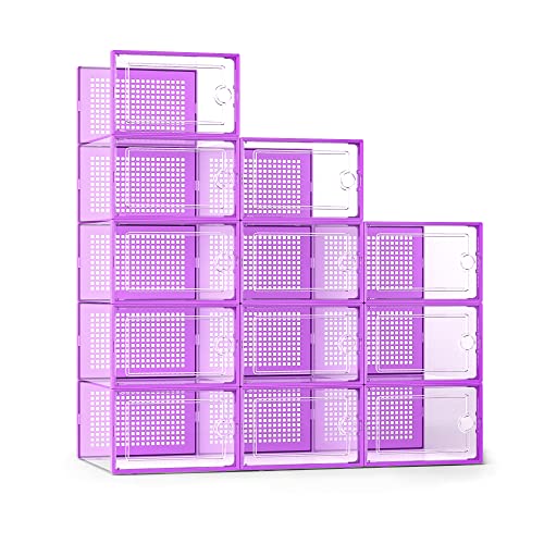 Kuject X-Large Shoe Storage Boxes 12 Pack, Clear Stackable Shoe Organizer | Shoe Case for Closet, Entryway & Under-Bed Storage, Drop-Front Design, Space-Saving Solution for Family Organization,Purple - color: Purple, size: X-Large