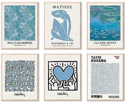Matisse Wall Art Prints Set of 6, Abstract Blue Matisse Wall Art Exhibition Posters, Modern Blue Matisse Print William Morris Painting Yayoi Kusama Poster Claude Monet Prints, Boho Canvas Art Prints - color: Blue Matisse Wall Art, size: 8x10 inch