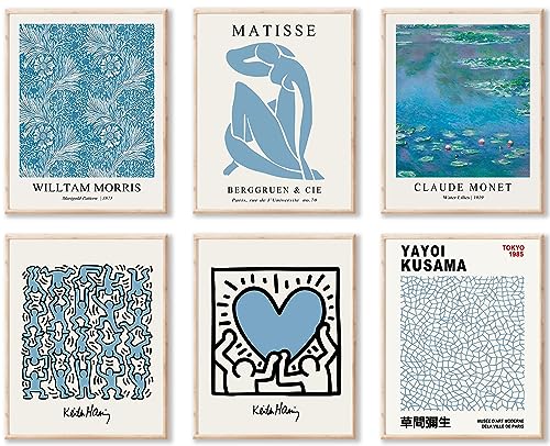Matisse Wall Art Prints Set of 6, Abstract Blue Matisse Wall Art Exhibition Posters, Modern Blue Matisse Print William Morris Painting Yayoi Kusama Poster Claude Monet Prints, Boho Canvas Art Prints - color: Blue Matisse Wall Art, size: 8x10 inch