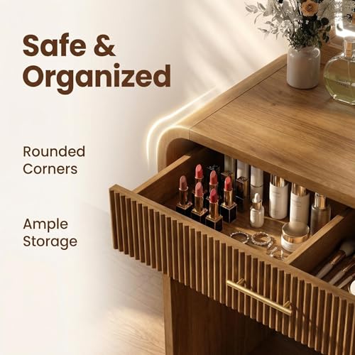 Makeup Vanity Desk with LED Touch Screen Lighted Mirror, Wooden Vanity Table with Drawer, Curved Edge Dressing Table with Removable Mirror for Bedroom (Espresso) - color: Espresso