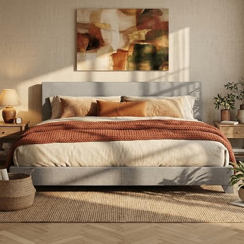 SHA CERLIN Linen Upholstered King Size Bed Frame with Headboard, Light Gray | Adjustable Low-Profile Platform Bed, Minimalist Design, Stable Mattress Foundation, Strong Back-Support, No Box Spring Needed - color: Light Grey, size: King