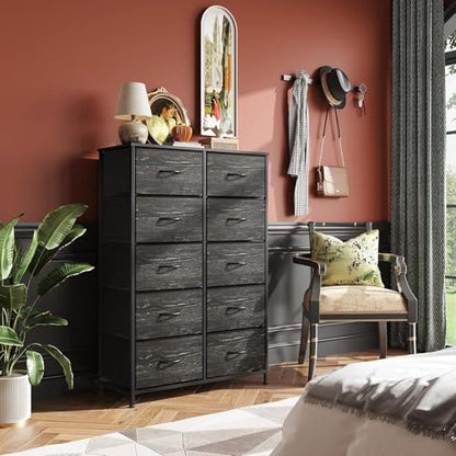 WLIVE Tall Dresser for Bedroom with 10 Fabric Drawers, Black | 10 Drawers, Fabric Dresser for Closet, Storage Tower with Cabinet, Metal Frame - color: Charcoal Black Wood Grain Print