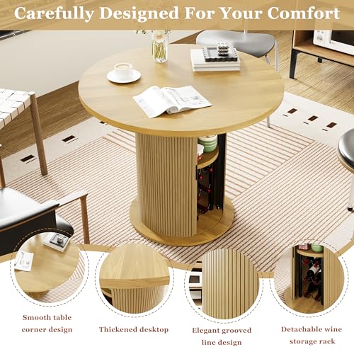 Wildhome Round Dining Table for 2-3, 31 Inch Dining Room Kitchen Table with 2-Tier Storage Shelf & Wine Rack, Modern Farmhouse Fluted Wood Slide Door Dinner Furniture,Circle(Non scalable-32 Inch-Oak) - color: Non-scalable-32 Inch-oak